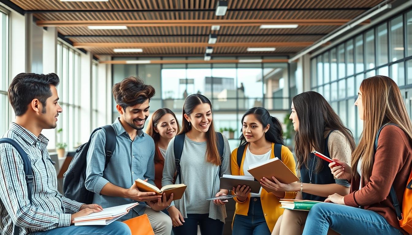 Students studying together in modern classroom